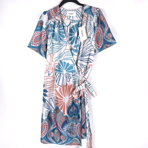 NWT Ba&sh ROBE JARA Mixed Print Wrap Mini Dress Turquoise 1E23JARA Size 3 MEDIUM - Picture 4 of 15